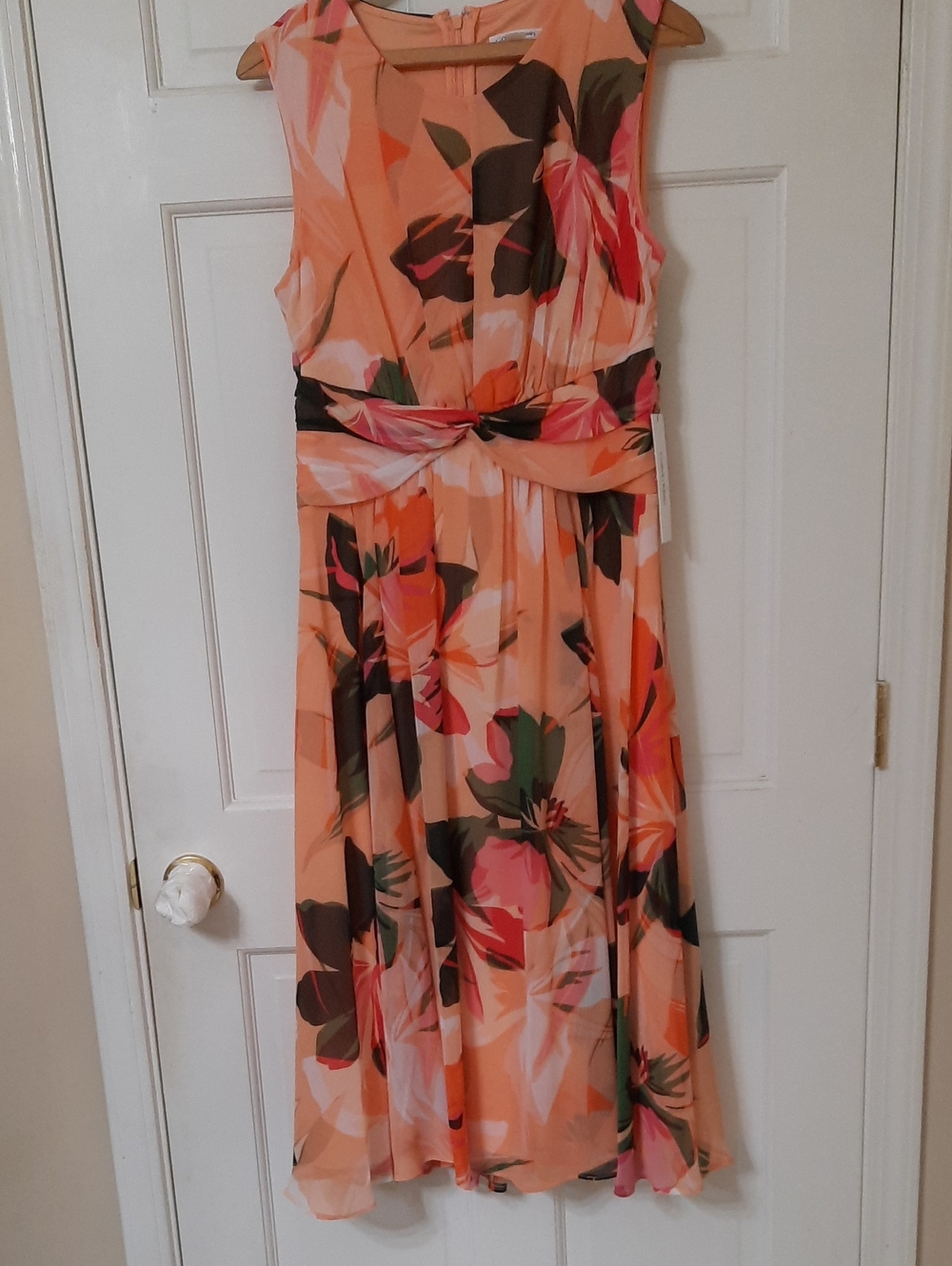 Calvin Klein Peach Floral Knot-Waist Midi Dress